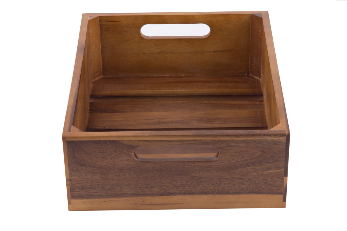 A rectangular Acacia Wood Crate with a smooth finish and cut-out handles on two sides, placed on a white background. The box features straight edges and a visible wood grain pattern, creating a sturdy and functional display crate.