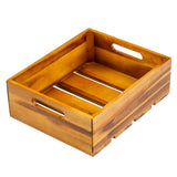 A rectangular Acacia Wood Crate with a smooth finish, featuring two side handles and slatted sides and bottom. The warm, honey-brown display crate is empty and shown against a white background.