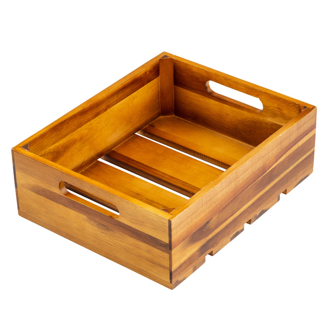 A rectangular Acacia Wood Crate with a smooth finish, featuring two side handles and slatted sides and bottom. The warm, honey-brown display crate is empty and shown against a white background.