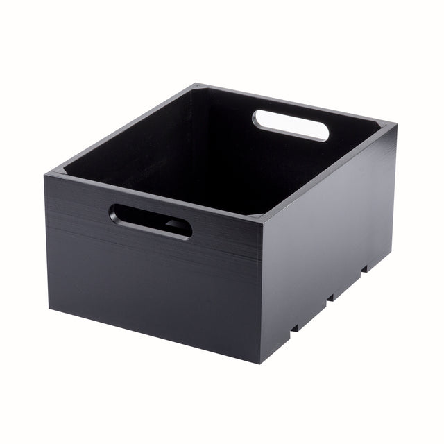 A sleek wood black crate with two cut-out handles on the shorter sides. This display crate features a smooth finish, modern design, and is photographed on a white background to showcase its empty interior.