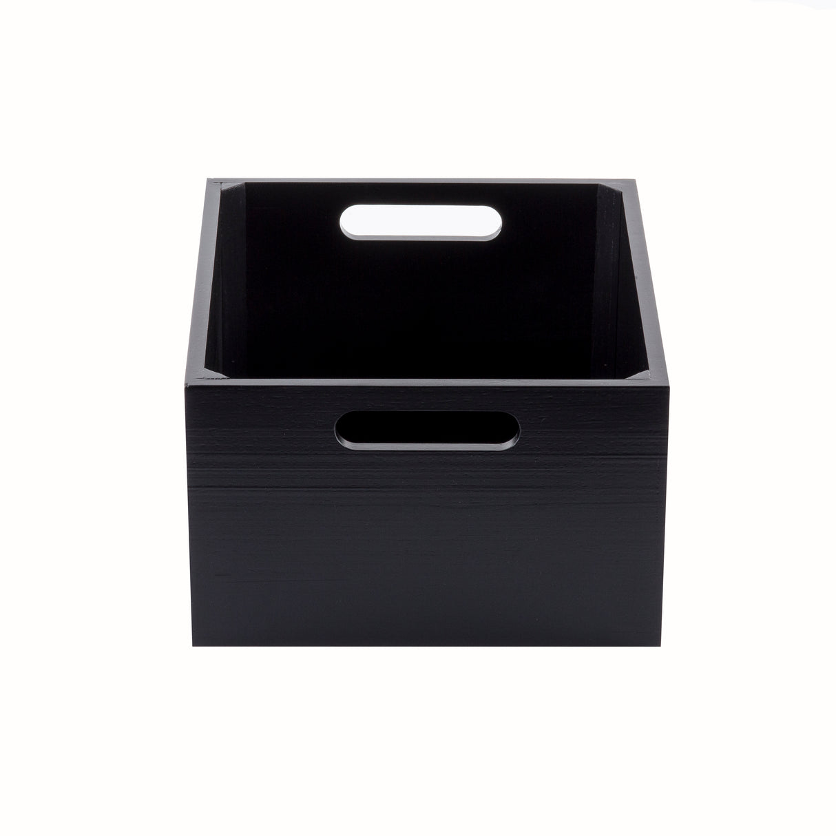 A black wood display crate with two oval-shaped cut-out handles on opposite sides. The empty Gastro serving crate sits on a white background, photographed from a slightly elevated front angle.