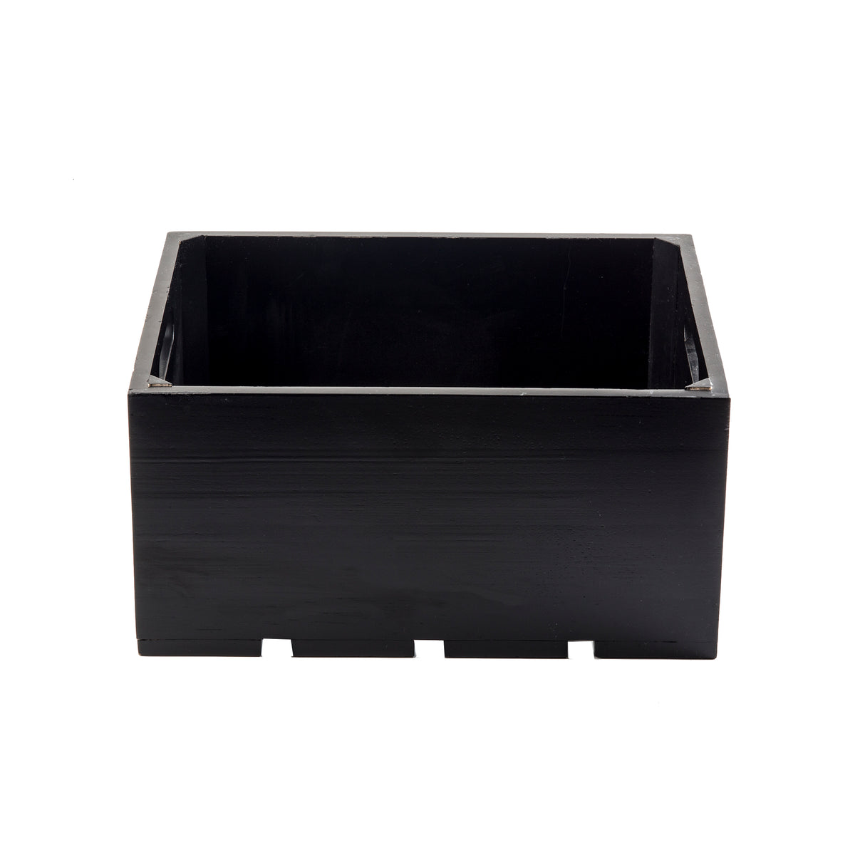 A rectangular, wood black display crate with smooth sides and an open top is shown against a white background. The bottom has small gaps between the slats, and the overall design is simple and unadorned.
