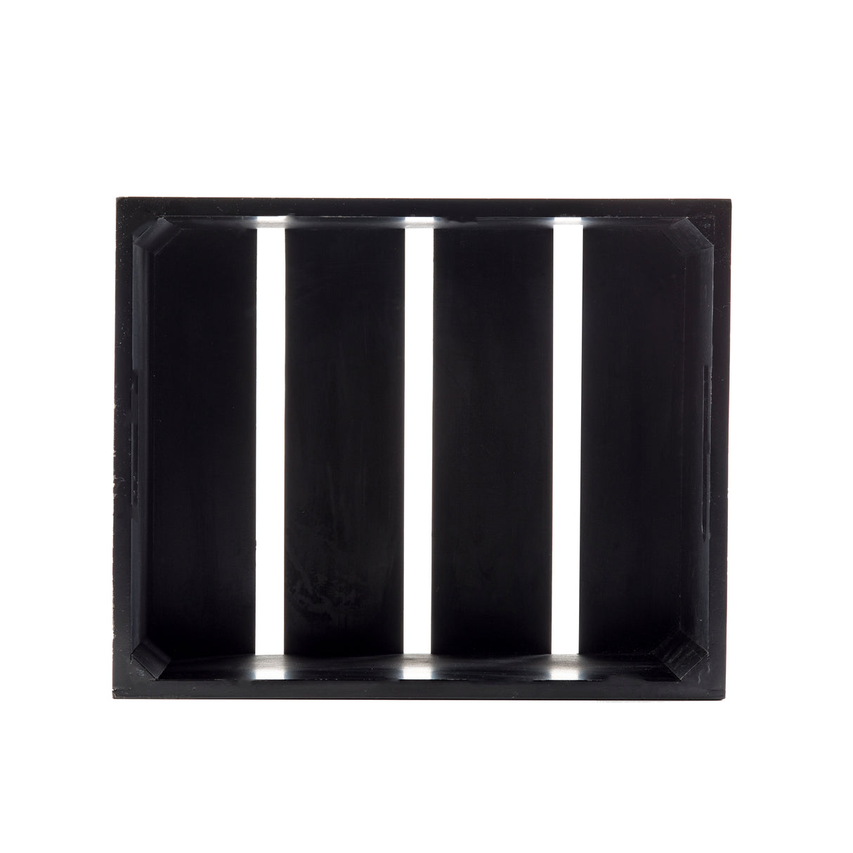 A black, rectangular wood black crate is shown from above. The crate has three wide vertical slats at the bottom, open spaces between the slats, and solid sides with slightly angled corners. The interior of this display crate is empty and clean.