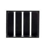 A black, rectangular wood black crate is shown from above. The crate has three wide vertical slats at the bottom, open spaces between the slats, and solid sides with slightly angled corners. The interior of this display crate is empty and clean.
