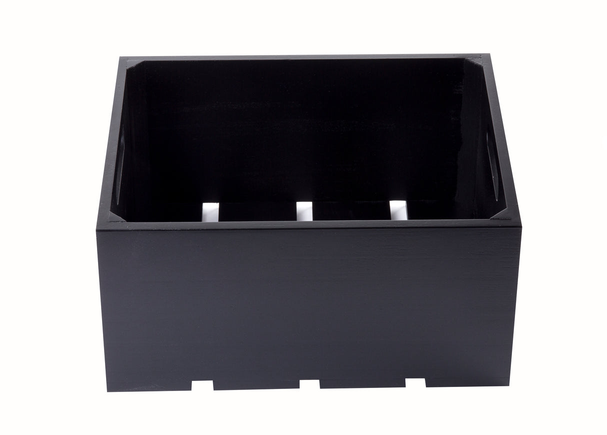 A rectangular, open-topped wood black crate with smooth sides and visible joints at the bottom corners, photographed against a plain white background. The empty display crate's edges and inner slats are highlighted by the light.