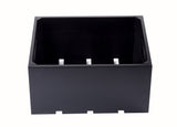 A rectangular, open-topped wood black crate with smooth sides and visible joints at the bottom corners, photographed against a plain white background. The empty display crate's edges and inner slats are highlighted by the light.