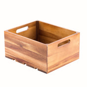 A rectangular acacia wood display crate with smooth, polished panels and two oval cut-out handles. The crate features visible wood grain patterns and sits on a white background, casting a faint shadow. The interior is empty.