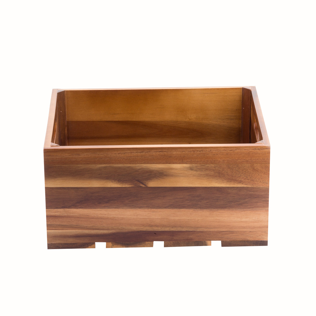 A rectangular acacia wood display crate with smooth, natural wood grain and a flat base. Open at the top, it reveals a hollow interior and rests on a white background. The wood displays light and dark brown tones throughout.