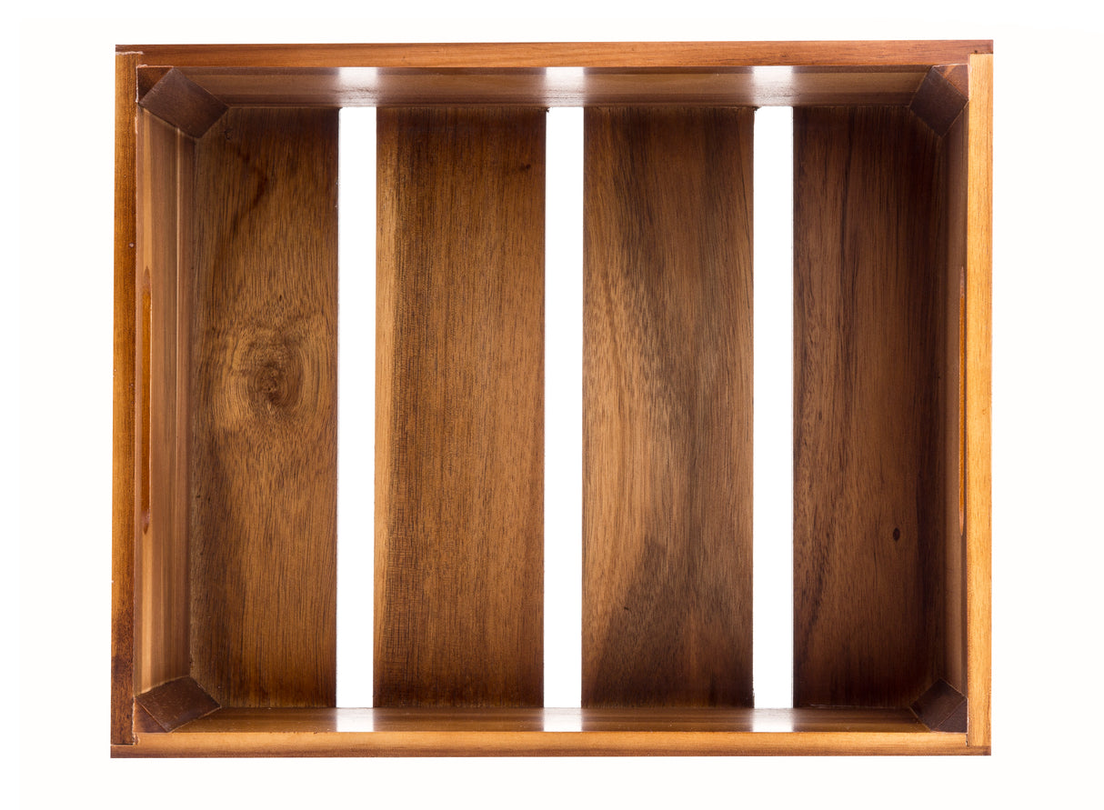 A wooden acacia wood display crate viewed from above, featuring a rectangular shape with four vertical slats and open gaps. The smooth wood showcases visible grain patterns and a warm brown color, ideal for stylish presentation.