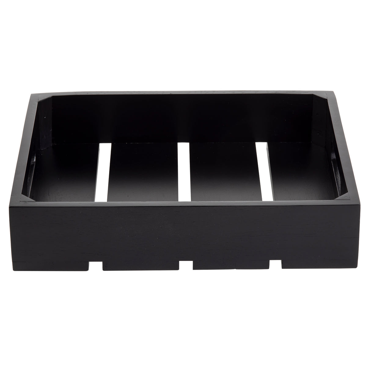 A rectangular, black wooden display crate with open sides and three slats at the bottom, resembling a small pallet. This half size gastro serving crate features a simple, modern design and sits empty on a white background.