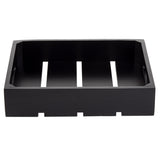A rectangular, black wooden display crate with open sides and three slats at the bottom, resembling a small pallet. This half size gastro serving crate features a simple, modern design and sits empty on a white background.