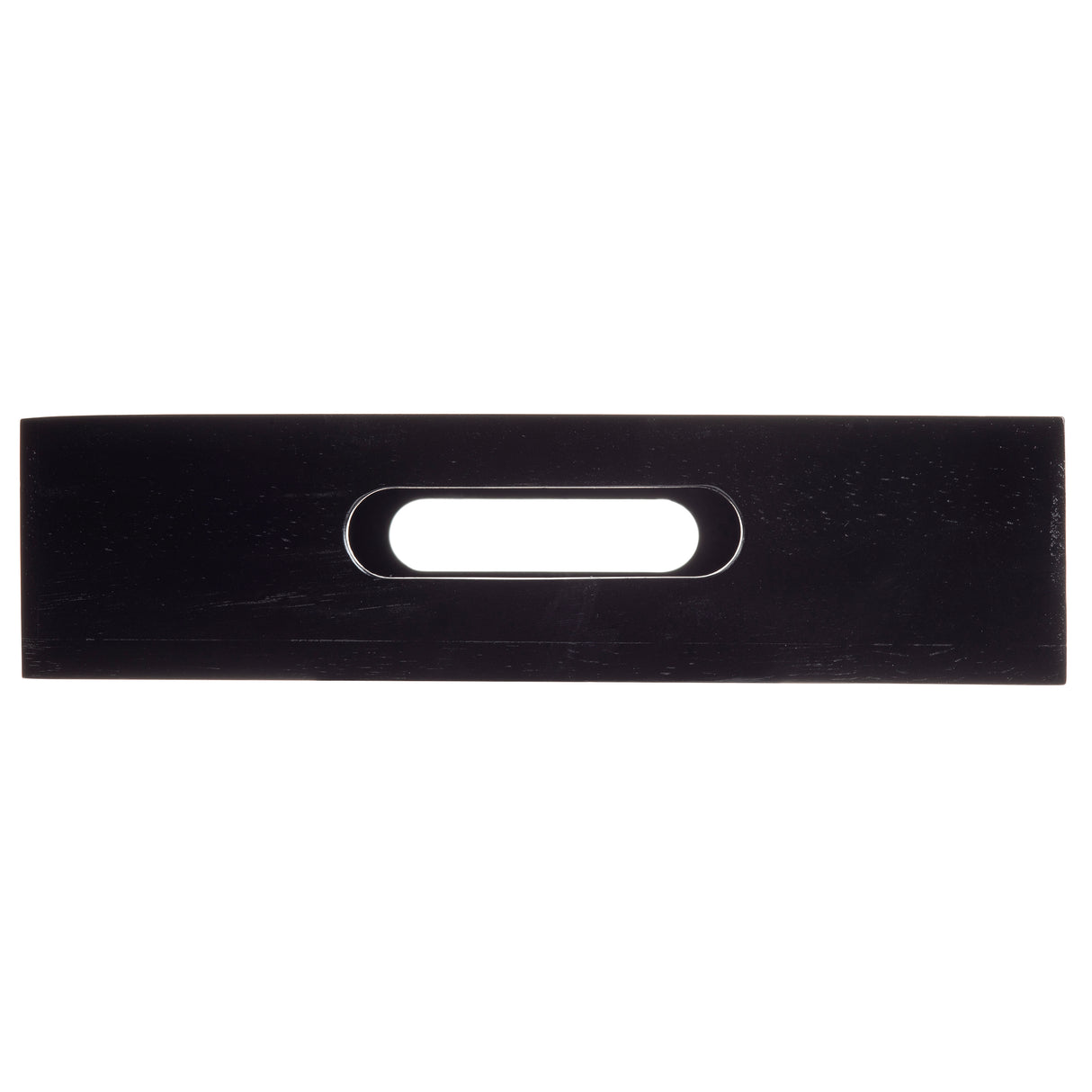A rectangular, flat black gastro serving crate with a centered oval cutout handle. The straight, smooth edges and solid matte surface give this half size display crate a sleek look, photographed against a white background.
