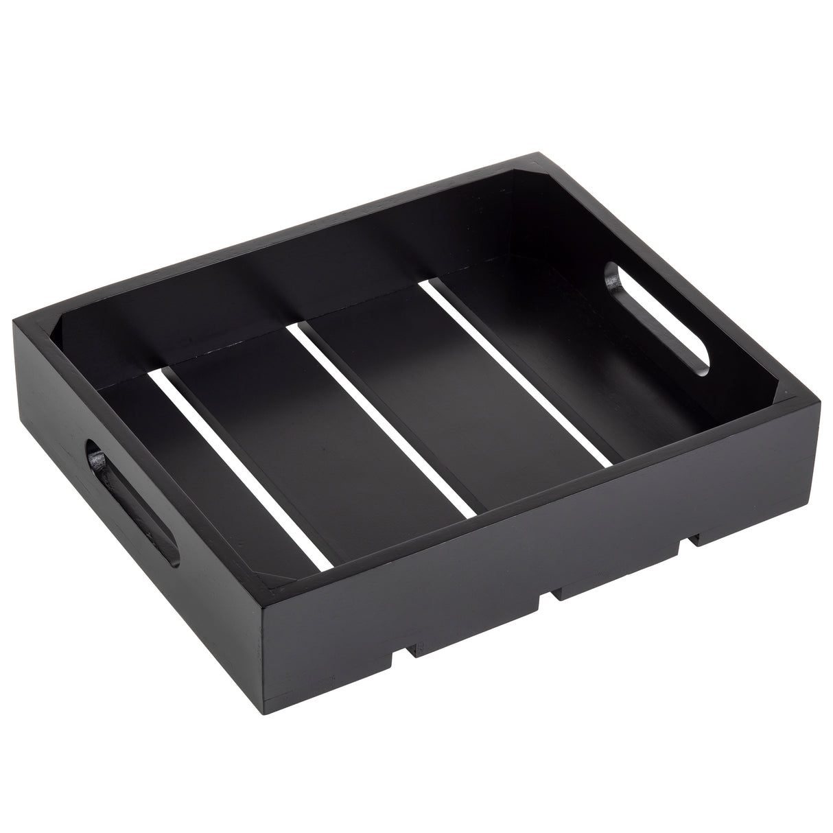 A half size rectangular black wooden display crate with two cutout handles on the shorter sides and three parallel slats forming the base. This Gastro serving crate features a modern, minimalist design and slightly raised edges.
