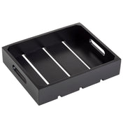 A half size rectangular black wooden display crate with two cutout handles on the shorter sides and three parallel slats forming the base. This Gastro serving crate features a modern, minimalist design and slightly raised edges.