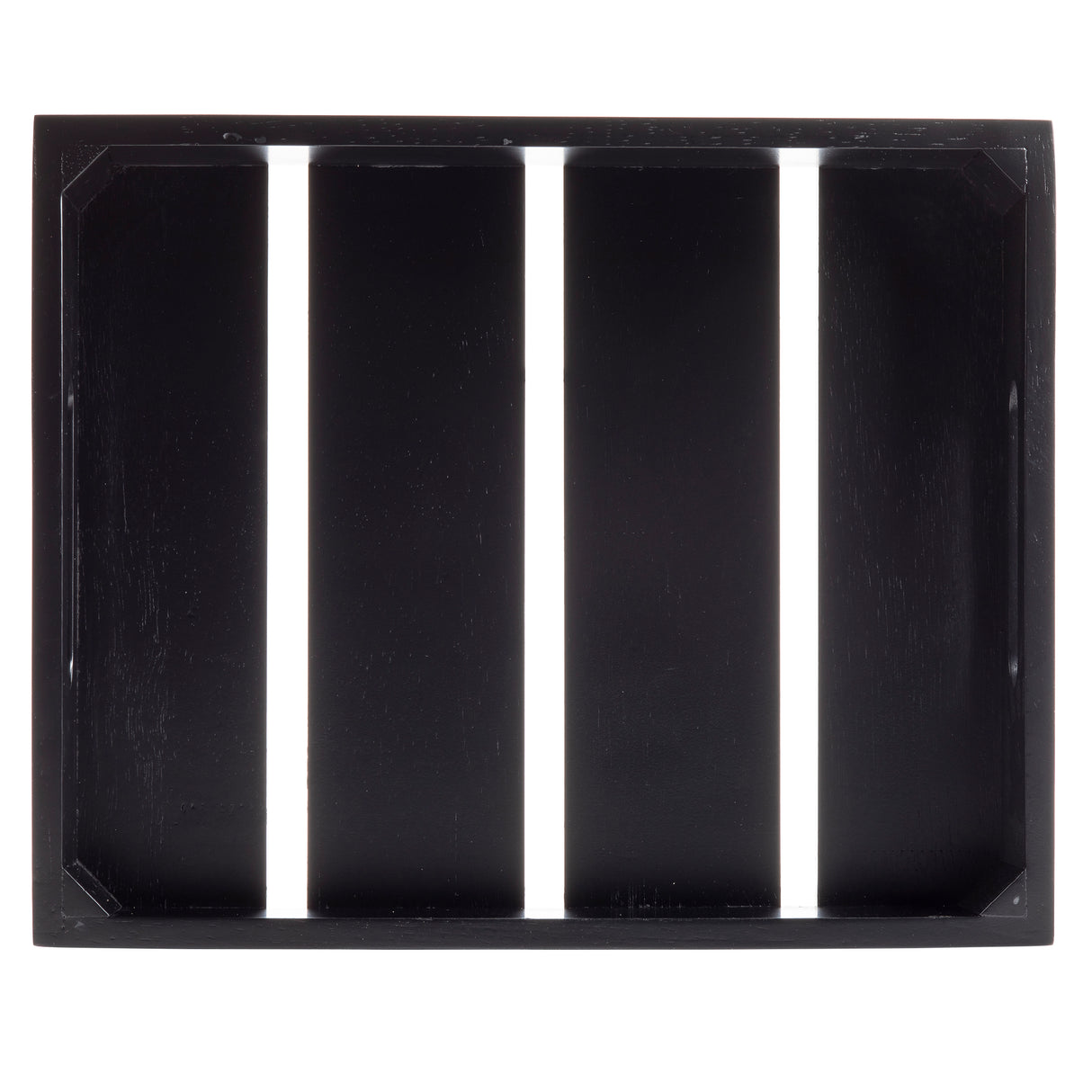A rectangular black wooden display crate is shown from above. It has three wide horizontal slats on the base, with narrow gaps between them, and raised sides forming a shallow, open box. The wood appears smooth and evenly painted.