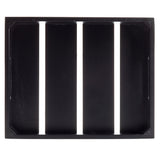 A rectangular black wooden display crate is shown from above. It has three wide horizontal slats on the base, with narrow gaps between them, and raised sides forming a shallow, open box. The wood appears smooth and evenly painted.