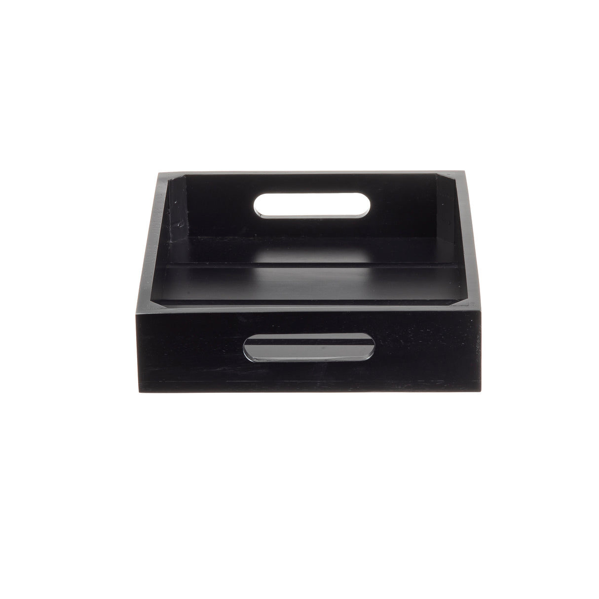 A black rectangular display crate with high sides and cut-out oval handles on the front and back. This glossy, half size gastro serving crate is pictured against a plain white background, viewed from the front.