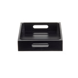 A black rectangular display crate with high sides and cut-out oval handles on the front and back. This glossy, half size gastro serving crate is pictured against a plain white background, viewed from the front.