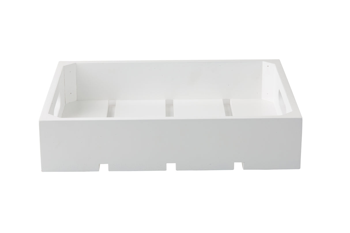 A plain white rectangular wood Gastronorm Crate, half size, with slatted sides and bottom, shown empty against a white background. The crate has three vertical slots on the bottom and small notches along the bottom edge.