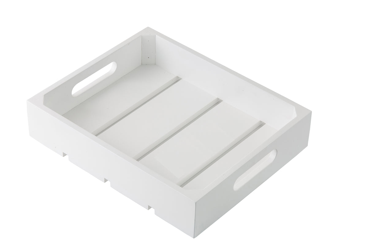 A half size rectangular white wood tray with handles on each short side. The tray has three slats on the bottom and raised edges all around, resembling a Gastronorm Crate. The image is taken against a plain white background.