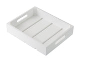 A half size rectangular white wood tray with handles on each short side. The tray has three slats on the bottom and raised edges all around, resembling a Gastronorm Crate. The image is taken against a plain white background.