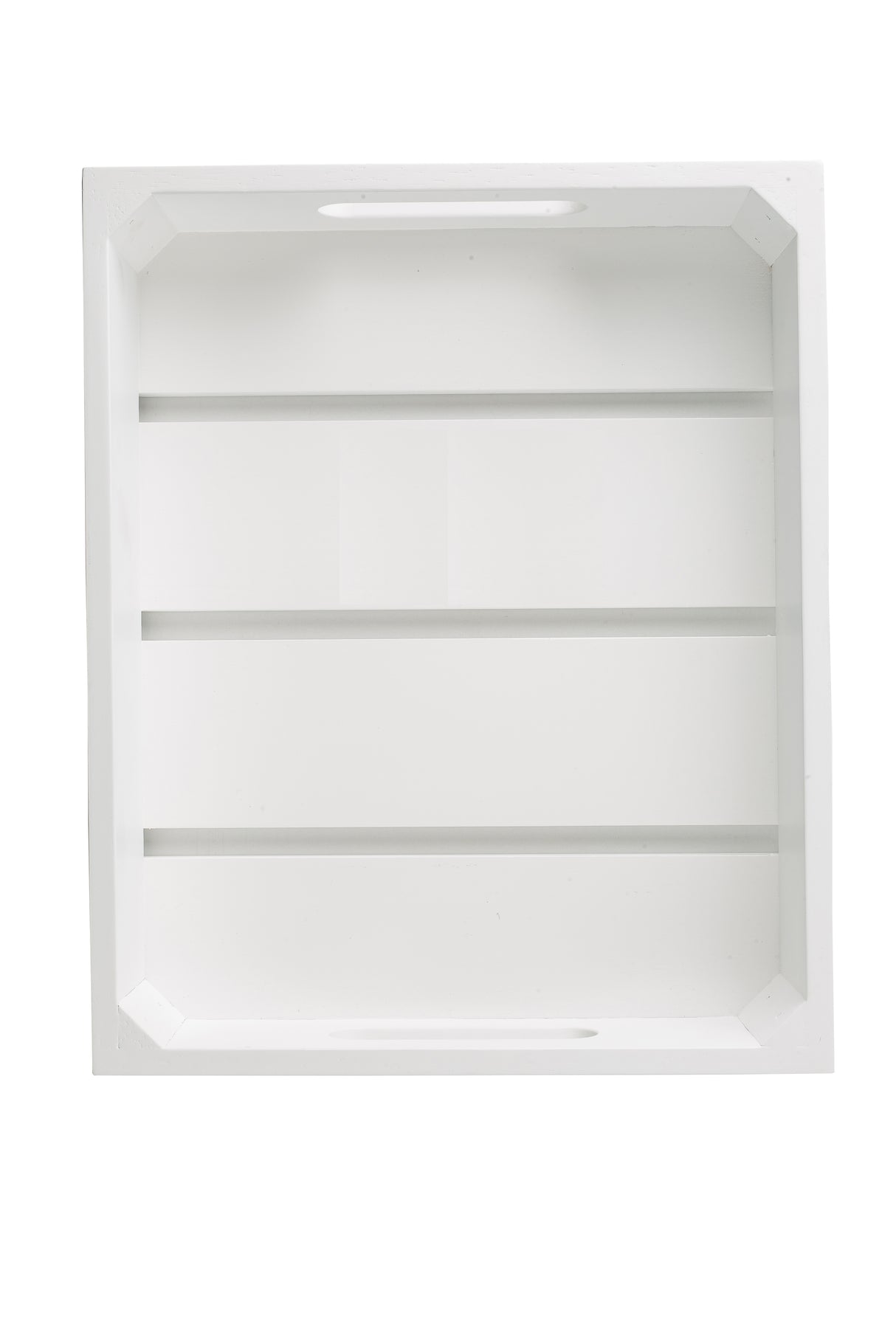 A white wooden Gastronorm Crate, half size, viewed from above. It features rectangular sides and three horizontal slats across the bottom. The empty crate is set against a plain white background.