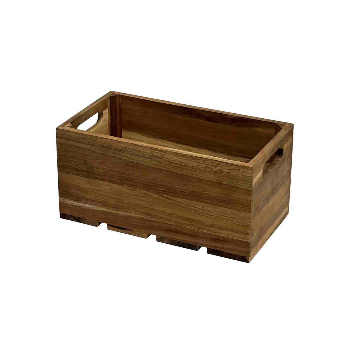 A rectangular Acacia Wood Crate with smooth, natural wood grain, open at the top. It features two oval cutout handles on opposite sides and slatted gaps at the bottom, ideal as a Display Crate on a white background.