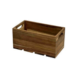 A rectangular Acacia Wood Crate with smooth, natural wood grain, open at the top. It features two oval cutout handles on opposite sides and slatted gaps at the bottom, ideal as a Display Crate on a white background.