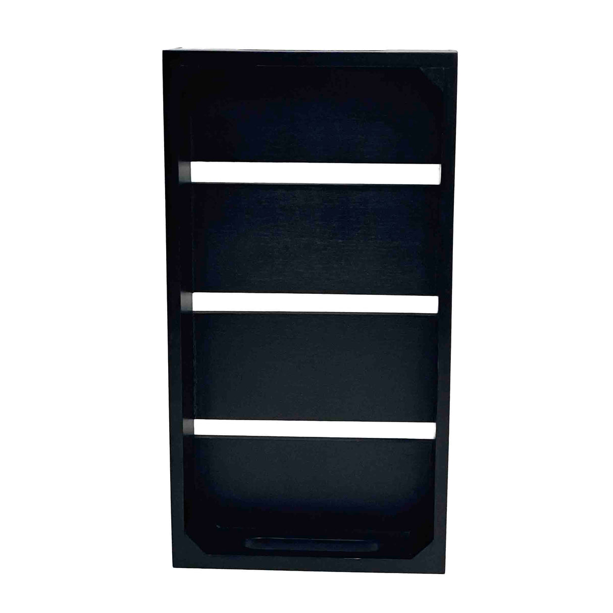 A black rectangular wall-mounted shelf unit with three horizontal bars and an open front, perfect for storing items like a wood display crate or 1/3 GN pan. The background is plain white.