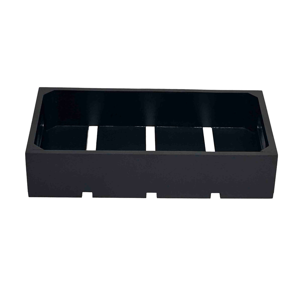 Rectangular black plastic tray with open top and four inner compartments, resembling a modern twist on a Gastro Serving Crate. It features straight sides and three equally spaced slots along the bottom front edge, set against a white background.