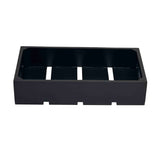 Rectangular black plastic tray with open top and four inner compartments, resembling a modern twist on a Gastro Serving Crate. It features straight sides and three equally spaced slots along the bottom front edge, set against a white background.