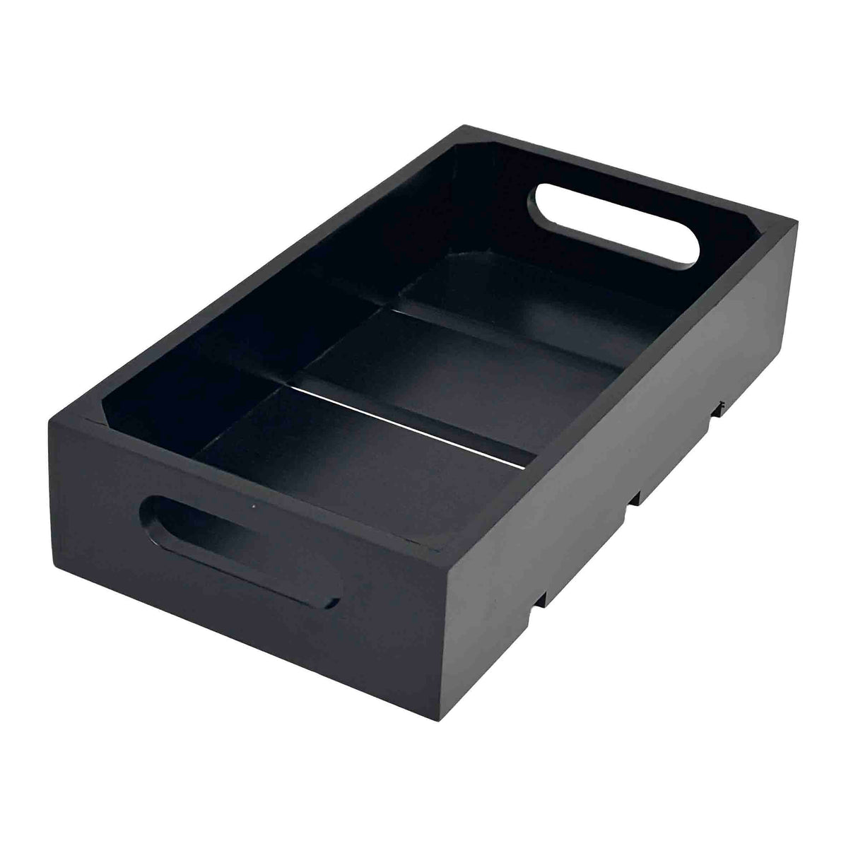 Rectangular black tray with high sides, open handles on each shorter end, and a glossy finish. Inspired by a wood display crate, its modern design features two parallel grooves on the base and three cut-out sections on one long side.