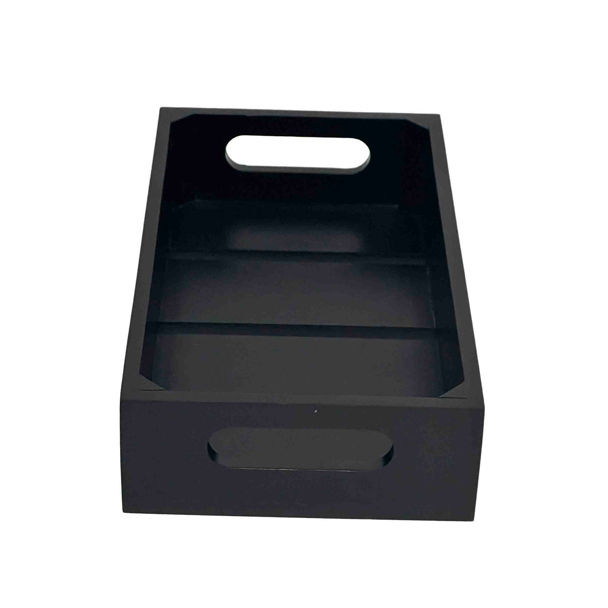 A black rectangular wooden tray with two cutout handles on the shorter sides. This Gastro Serving Crate features raised edges and a smooth surface, perfect for displaying items or holding a 1/3 GN pan against a plain white background.