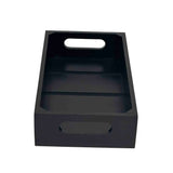 A black rectangular wooden tray with two cutout handles on the shorter sides. This Gastro Serving Crate features raised edges and a smooth surface, perfect for displaying items or holding a 1/3 GN pan against a plain white background.