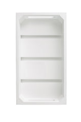 A white, rectangular recessed wall shelf with three horizontal shelves and beveled edges. The design is minimalistic, similar to a TableCraft wood crate, and the empty background emphasizes its clean lines and geometric shape.