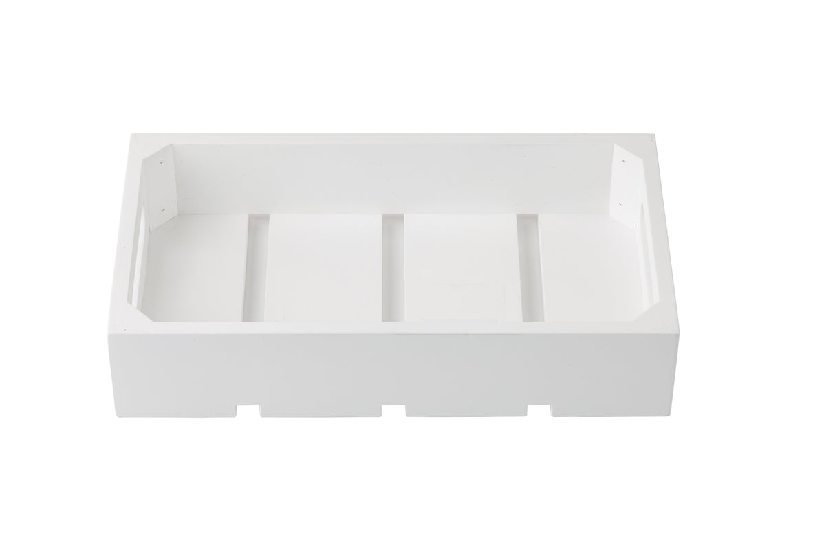 A rectangular, white, open-topped TableCraft box with three inner dividers and four small notches along the bottom edge, set against a plain white background. The interior appears to be sectioned into three compartments.