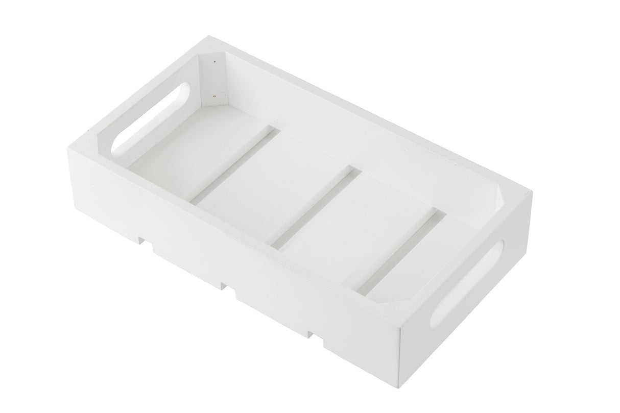 A rectangular white wooden tray by TableCraft, featuring cut-out handles on each short side and three slats on the base. The tray is empty and photographed on a white background, viewed from an angled top-down perspective.