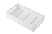 A rectangular white wooden tray by TableCraft, featuring cut-out handles on each short side and three slats on the base. The tray is empty and photographed on a white background, viewed from an angled top-down perspective.