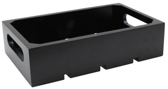 A rectangular black rubberwood crate with open sides and two oval cut-out handles. The box features a solid base with three short, rectangular feet and smooth, polished surfaces. It is empty and positioned at an angle against a white background.
