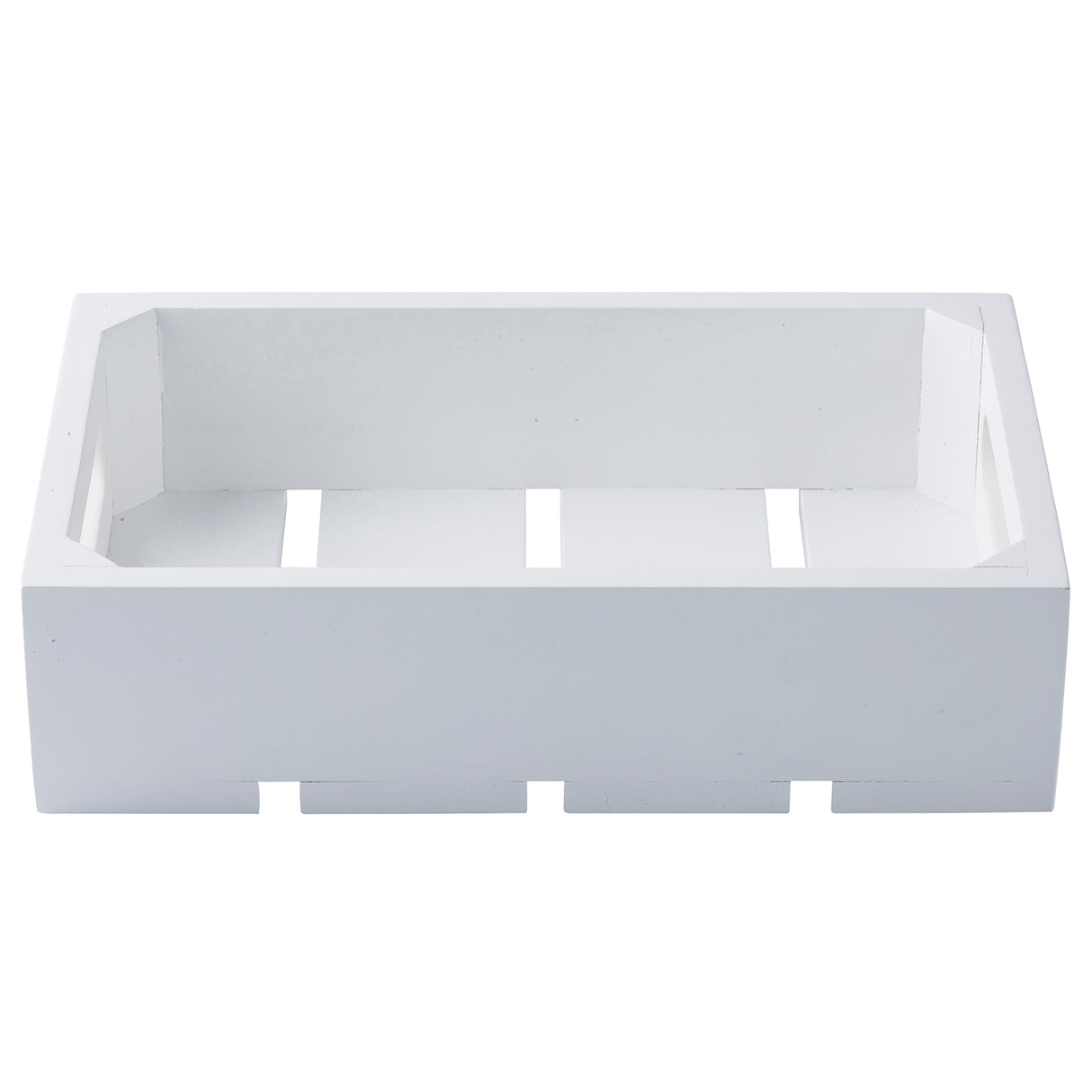A rectangular wood crate by TableCraft Products, featuring a slatted bottom, open sides, thick edges, and cut-out handles at each short end. This Gastronorm crate is empty and placed against a plain white background.