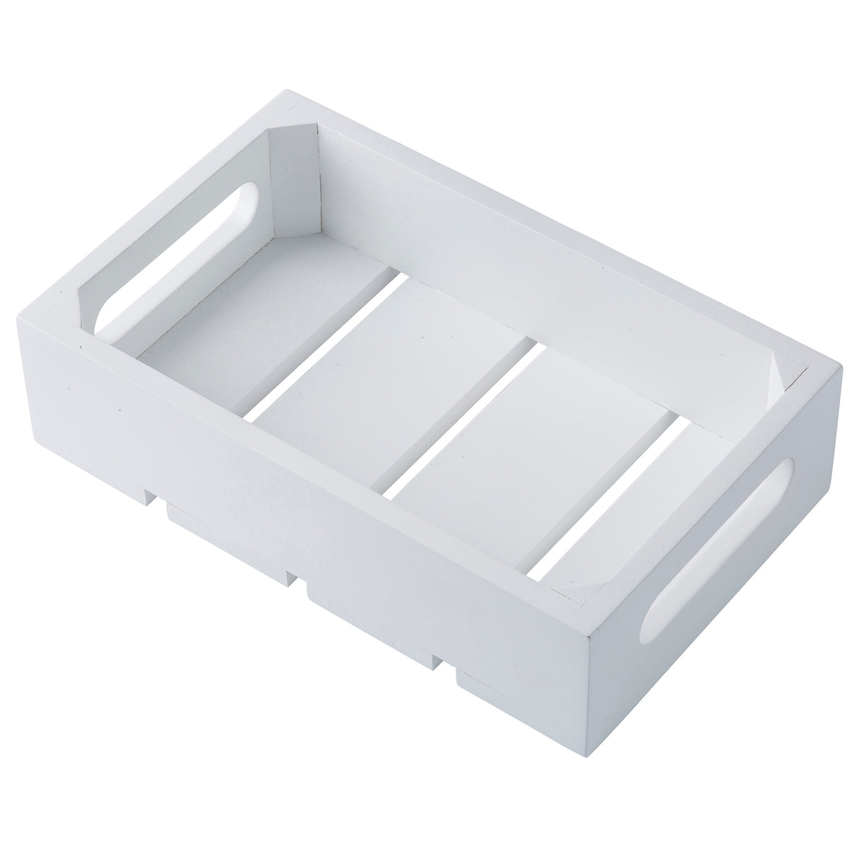 A small, rectangular wood crate by TableCraft Products features two oval cutout handles and open, slatted sides for a modern look. This Gastronorm Crate is ideal for stylish storage or display against its plain white background.
