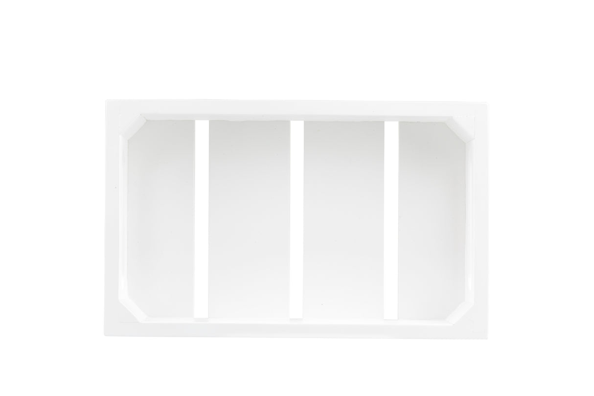 A white rectangular wood crate with three vertical dividers creates four open compartments. Photographed from above on a white background, this Gastronorm Crate by TableCraft Products has clearly visible edges and a clean, empty interior.