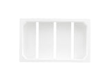 A white rectangular wood crate with three vertical dividers creates four open compartments. Photographed from above on a white background, this Gastronorm Crate by TableCraft Products has clearly visible edges and a clean, empty interior.
