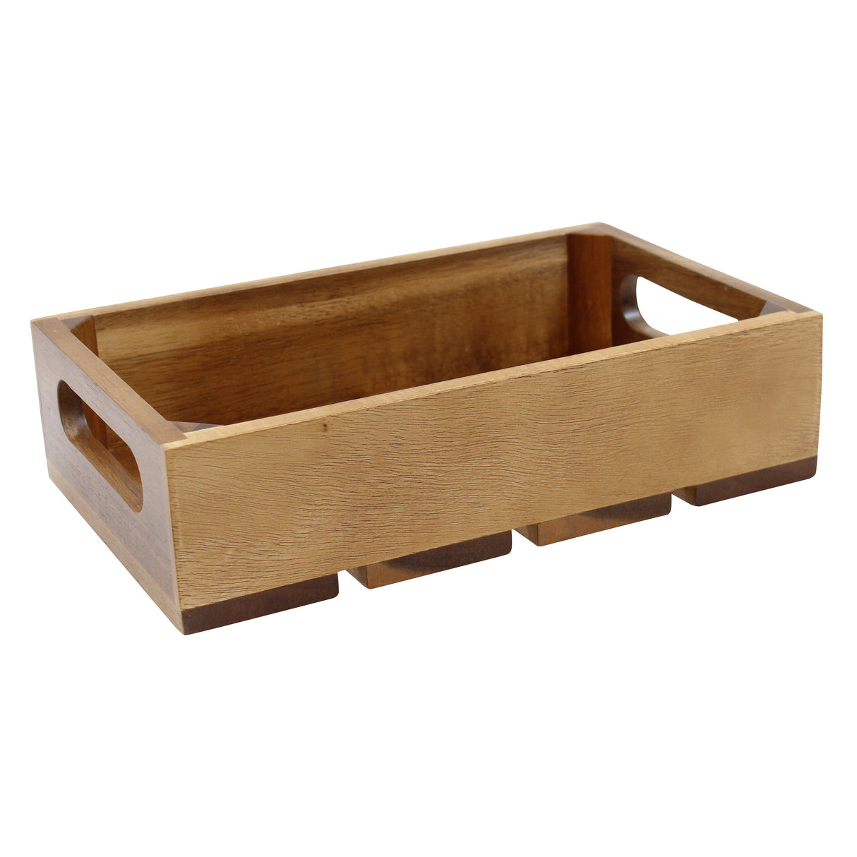 A rectangular acacia wood crate with raised sides, open top, and two oval cut-out handles on the shorter ends. This display crate features a natural wood finish, three flat feet for elevation, and smooth inside and outside surfaces.