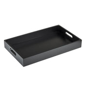 Rectangular black serving tray with raised edges and cutout handles on the shorter sides. This versatile wood crate features a smooth surface and is empty, photographed against a white background at a slight angle.