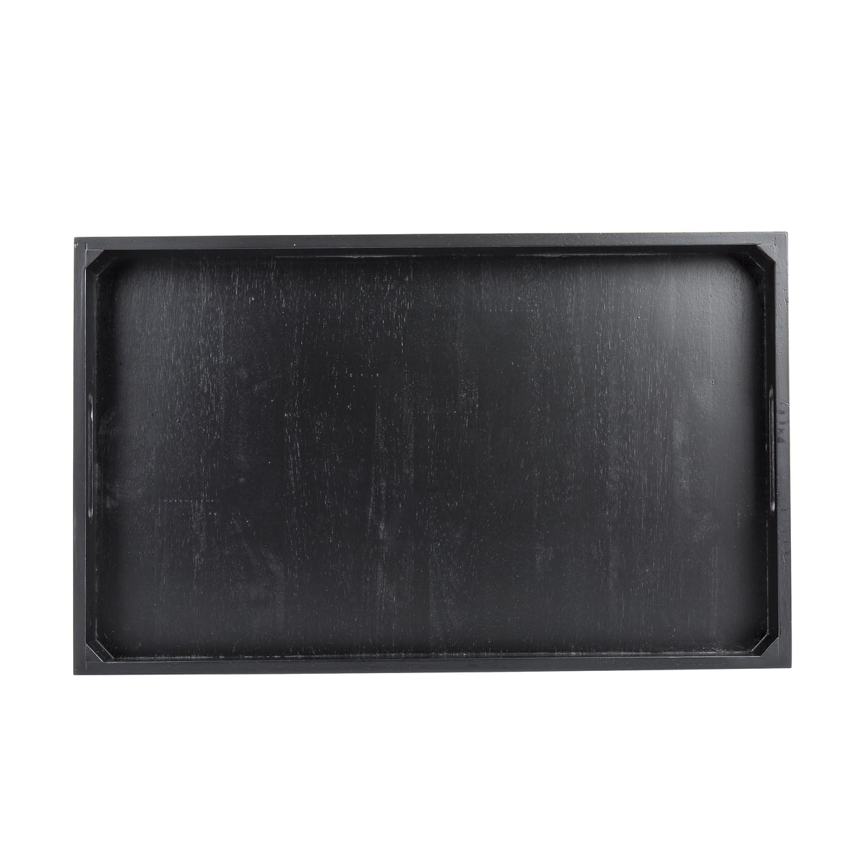 A rectangular, flat, black wooden Display Crate with raised edges and a smooth surface, viewed from above against a white background. The tray boasts slightly beveled inner corners and a visible wood grain texture.