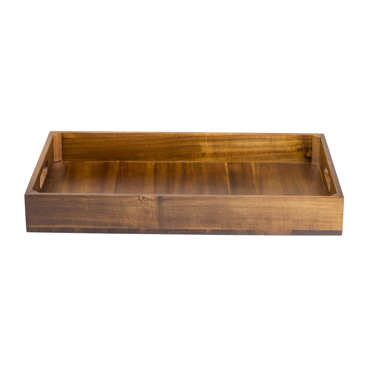 Rectangular acacia wood display crate with a smooth finish, featuring raised edges and built-in handles on both shorter sides. The tray's rich, warm brown color stands out beautifully against the plain white background.
