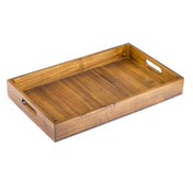 A rectangular acacia wood display crate with a natural finish, raised edges, and two cut-out handles on the shorter sides sits on a white background. The visible wood grain gives this rustic tray a warm, inviting look.