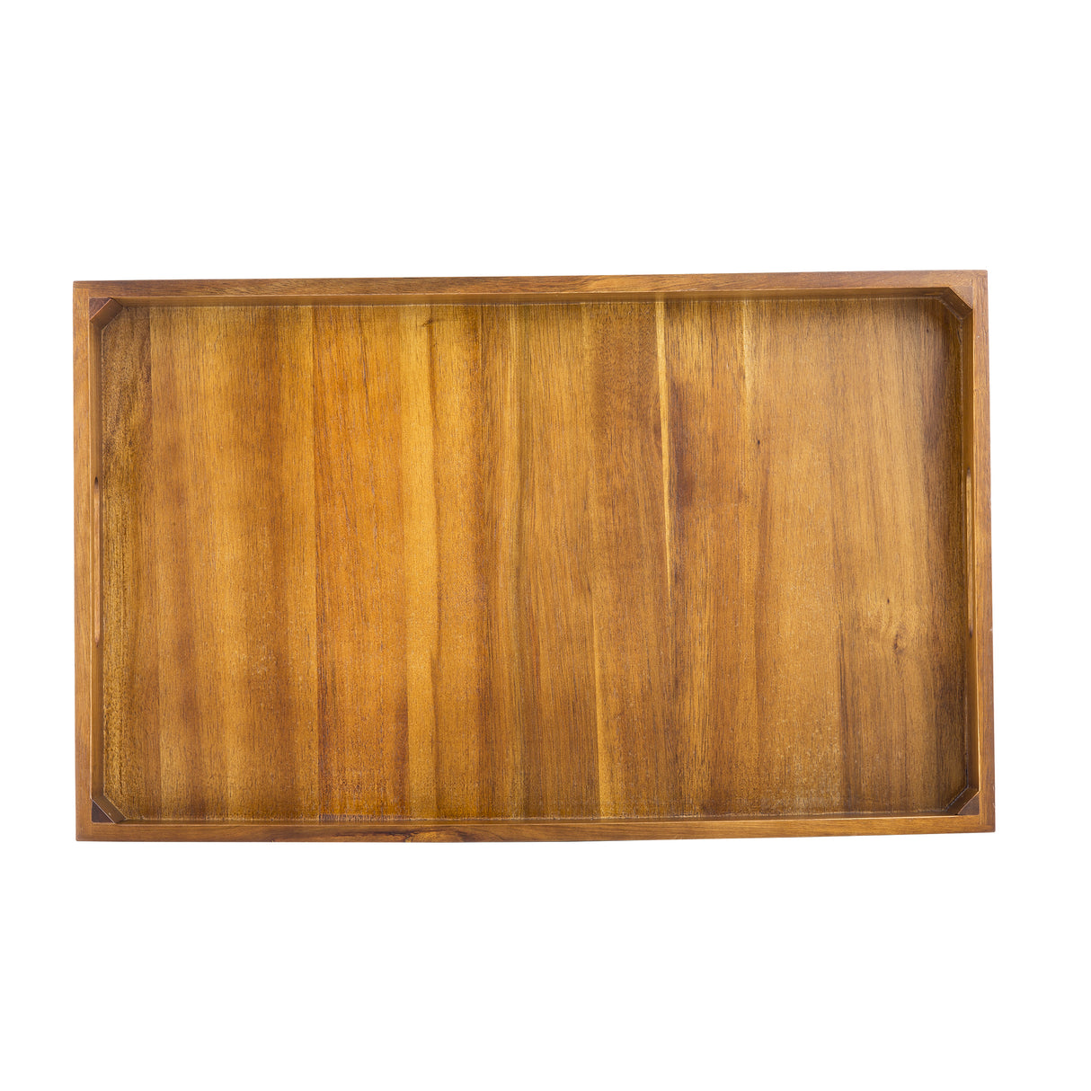 Rectangular acacia wood display crate with slightly raised edges and visible grain patterns, photographed from above on a white background. The warm, medium-brown tray has beveled corners and is empty and clean.