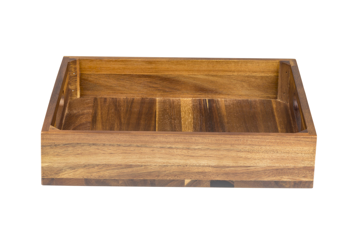 A rectangular Acacia Wood Crate with raised edges showcases natural wood grain and color variations. The empty tray, ideal as a Gastro Serving Crate, is set against a plain white background and viewed from the front at a slight angle.